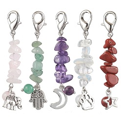 Смешанные камни Украшение из сплава с принтом луны/звезды/лапы, с бусинами из опалита, натурального розового кварца, красной яшмы, зеленого авантюрина и аметиста, 64 мм