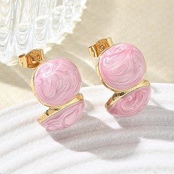 Pink 304 Stainless Steel Enamel Stud Earrings, Flat Round, Half Hoop Earrings, PVD Vacuum Plating, Golden, Pink, 20x12.5mm