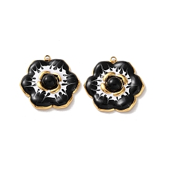Черный Крашеные натуральный белый нефрит подвески, 304 подвески-цветы из нержавеющей стали с эмалью, реальный 18 k позолоченный, вакуумное покрытие pvd, чёрные, 22x22.5x5 мм, отверстие : 1.4 мм