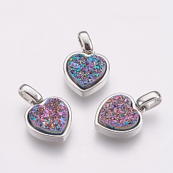 Разноцветный Естественно druzy агат подвески, с латунной фурнитурой , сердце, платина, красочный, 17 мм, отверстие : 2x2.5 мм, Кулон : 12.5x11x4 мм
