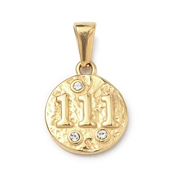 Золотой Текстурированные 304 подвески из нержавеющей стали, плоский круглый с подвеской в виде цифры 1, со стразами, золотые, 18x15x3 мм, отверстие : 7x3.7 мм