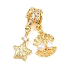 Real 18K Gold Plated Brass Micro Pave Clear Cubic Zirconia Dangle Beads, Star & Shell Shape, with ABS Plastic Pearl, Rack Plating, Long-Lasting Plated, Lead Free & Cadmium Free, Real 18K Gold Plated, 27mm, Hole: 3mm