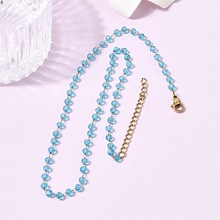 Небесно-голубой 304 Ожерелье из нержавеющей стали с гранеными стеклянными бусинами-ронделями, цепочка ручной работы с камнями-талисманами, символизирующими месяц рождения, для женщин., ионное покрытие (ip), золотые, голубой, 14.96 дюйм (38 см)