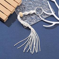 White Waxed Cotton Cord Braided Macrame Pouch Empty Stone Holder for Pendant Keychain Making, with Wood Beads and 304 Stainless Steel Split Key Rings, White, 20.3cm