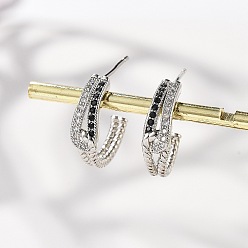 Платина Серьги-гвоздики из латуни в форме буквы С с микропаве из кубического циркония для женщин, без кадмия и без свинца, долговечный, стойки покрытие, платина, 16.5x4.5 мм