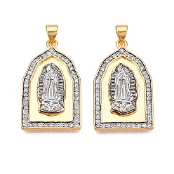 Настоящее золото 18K Латунные микро проложить кубического циркония подвески, без кадмия и без свинца, арка с амулетами девы марии, реальный 18 k позолоченный, 30x18x3.5 мм, отверстие : 3~3.5x5.5 мм