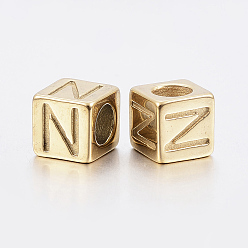 Golden 304 Stainless Steel Large Hole Letter European Beads, Horizontal Hole, Cube with Letter.N, Golden, 8x8x8mm, Hole: 5mm