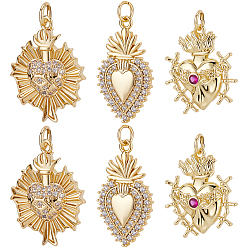 Настоящее золото 18K 6 шт. 3 подвески из латуни с микропаве из прозрачного кубического циркония, без кадмия, без никеля и без свинца, долговечный, с целью перехода в кольце, святое сердце, реальный 18 k позолоченный, 21~25.5x14.5~18.5x3~4 мм, Перейти кольцо: 5x0.5~1 мм, внутренний диаметр: 3~3.5 мм, 2 шт / стиль