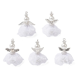 Белый 5шт 5 стили полиэстер кружево подвески, ангельские прелести, с бусинами из сплава и стеклянными бусинами, белые, 43~46.5x26.5~35 мм, отверстие : 2x2.5 мм, 1 шт / стиль