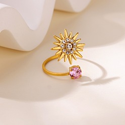 Настоящее золото 18K 304 Открытые кольца-манжеты из нержавеющей стали со стразами, солнце, ионное покрытие (ip), реальный 18 k позолоченный, размер США 7 3/4 (17.9 мм)