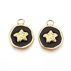 Черный 304 подвески из нержавеющей стали, с эмалью, плоский круглый со звездными подвесками, ионное покрытие (ip), реальный 18 k позолоченный, чёрные, 16.5x13x2 мм, отверстие : 2.5 мм