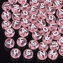 Pink Прозрачные акриловые бусины, горизонтальное отверстие, cmешанные буквы, плоско-круглые, розовые, 7x4 мм, отверстие : 1.5 мм, Около 370 шт / 50 г