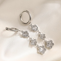 Прозрачный 304 Серьги-кольца из нержавеющей стали и кубического циркония, звезда, цвет нержавеющей стали, прозрачные, 47x8 мм