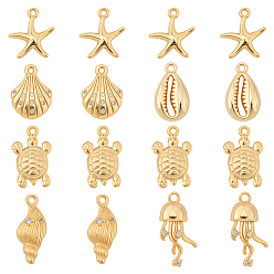 Mixed Shapes 12шт. 6 стили, морская тематика, латунные подвески с микропаве из кубического циркония, долговечный, без никеля , реальный 18 k позолоченный, разнообразные, 12~17.5x7~10.5x2~5.5 мм, отверстие : 1~1.5 мм