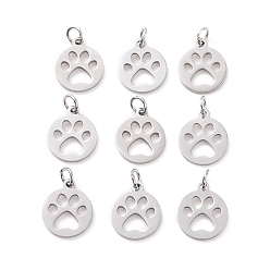 Stainless Steel Color 304 Stainless Steel Pendants, Flat Round with Dog Paw Prints, Stainless Steel Color, 14x12x1.1mm, Hole: 4mm