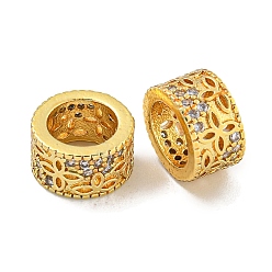 Real 18K Gold Plated Rack Plating Brass Micro Pave Clear Cubic Zirconia European Beads, Large Hole Beads, Long-Lasting Plated, Lead Free & Cadmium Free, Flat Round, Real 18K Gold Plated, 10x5.5mm, Hole: 7mm