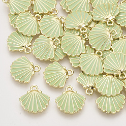Светло-зеленый Сплав эмали прелести, золотой свет, форма раковины гребешка, светло-зеленый, 13x13x2 мм, отверстие : 1.5 мм