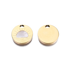 Seashell Color 316 Surgical Stainless Steel Pendants, with Shell, Real 14K Gold Plated, Flat Round, Seashell Color, 18.5x3mm, Hole: 3.5x2.5mm