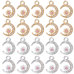 Platinum & Light Gold 40 шт. 2 цвета сплава светло-розовые стразы подвески, лунное очарование, платина и светлое золото, 15.5x11.5x2.5 мм, отверстие : 1.8 мм, 20 шт / цвет