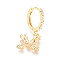 Letter M 925 Sterling Silver Hoop Earrings, Dangle Earrings, with Cubic Zirconia, with S925 Stamp, Letter, Clear, Golden, Letter.M, 21mm, Pendants: about 8.5x9x1.5mm, Pin: 0.6mm