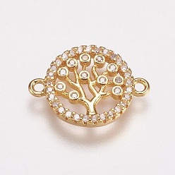 Golden Brass Micro Pave Cubic Zirconia Links, Cadmium Free & Lead Free, Clear, Flat Round with Tree of Life, Golden, 12x16x2mm, Hole: 1mm