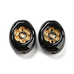 Black Plating Acrylic Beads, Golden Metal Enlaced, Oval with Flower, Black, 13.5x11x5.5mm, Hole: 1.8mm