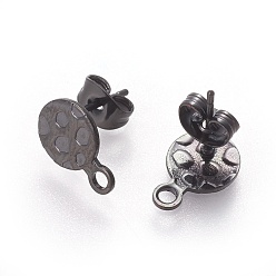 Черный 304 Выводы серьги из нержавеющей стали шпилька, с петлей, ушные гайки, текстурированный плоский круглый, ионное покрытие (ip), электрофорез черный, 11.5x8x0.8 мм, отверстие : 1.8 мм, штифты : 0.8 мм