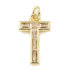 Letter T Латунные микро проложить кубического циркония подвески, письмо амулеты, с прыгающим кольцом, реальный 18 k позолоченный, Письмо T, 17.5x10.5x1.5 мм, отверстие : 3.5 мм