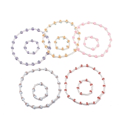 (52) Непрозрачная лаванда Милое ожерелье из полимерной глины и абс-пластика с жемчужными бусинами и эластичный браслет, комплект ювелирных изделий для детей, разноцветные, внутренний диаметр: 1-3/4~1-7/8 дюйм (4.35~4.7 см), внутренний диаметр: 5-1/8 дюйм (13.15 см), 2 шт / комплект