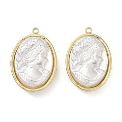 Белый 304 подвески из нержавеющей стали с жемчужными подвесками из АБС-пластика, овальный с рисунком девушки, вакуумное покрытие pvd, реальный 18 k позолоченный, белые, 22.5x15.5x7.5 мм, отверстие : 1.4 мм