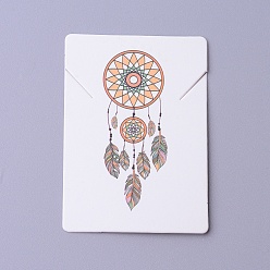 White Cardboard Necklace Display Cards, Rectangle with Woven Net/Web & Feather Pattern, White, 6.95x5x0.05cm