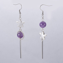 Amethyst Natürlichen Amethyst Perlen Ohrringe, mit Legierungssternperlen und 304 Edelstahlbefunden, Rund-und Rechteck, Edelstahl Farbe, 84~88 mm, Anhänger: 64~68 mm, pin: 0.6 mm