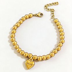 304 Stainless Steel День матери 304 браслеты из нержавеющей стали с круглыми бусинами, браслеты с подвесками для женщин, сердце со словом мама, золотые, 6.89 дюйм (17.5 см)