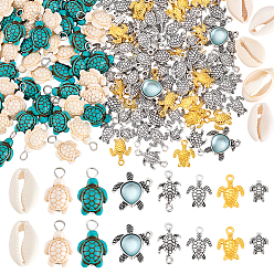 Античное Серебро Наборы для самостоятельного изготовления черепашьих украшений, включают в себя разделительные бусины из сплава в тибетском стиле, окрашенные синтетические бирюзовые подвески, бусины из натуральной каури, античное серебро, 9~22.5x10~20 мм, отверстие : 1.5~2.5 мм