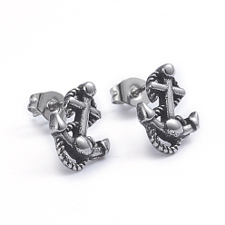Antique Silver Retro 304 Stainless Steel Stud Earrings, with Ear Nuts, Anchor, Antique Silver, 13x10mm, Pin: 0.7mm
