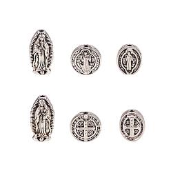 Antique Silver Tibetan Style Alloy Beads, Virgin Mary, Flat Round with Saint Benedict, Oval with Saint Benedict, Antique Silver, 6.8x5.2x1.1cm, 20pcs/size, 60pcs/box