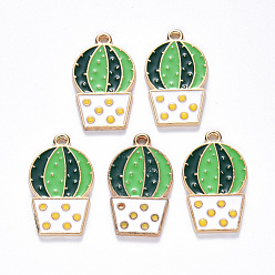 Dark Green Alloy Enamel Pendants, Cactus, Light Gold, Dark Green, 25x15x1.5mm, Hole: 1.6mm