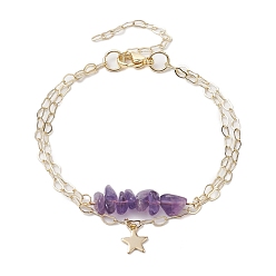 Amethyst Natural Amethyst Chip Multi-Strand Bracelet Sets, Star Charm 304 Stainless Steel Twisted Chain Stackable Bracelets for Women, 7-1/8 inch(18.2cm)