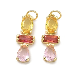 Pink Латунные микро проложить кубического циркония подвески, прямоугольник амулеты, долговечный, стойки покрытие, без свинца и без кадмия, реальный 18 k позолоченный, розовые, 21x8x4 мм, отверстие : 3 мм