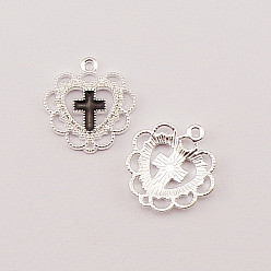 Black Alloy Enamel Pendants, Silver, Heart with Cross, Black, 21x20x2mm
