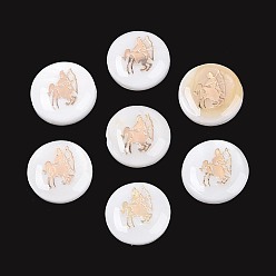 Стрелец Естественных пресноводных стеклянные бусы, с позолоченными элементами из травленой латуни, плоские круглые с двенадцати созвездий, цвет морской раковины, Стрелец, 11~12x4~6 мм, отверстие : 0.5~0.9 мм