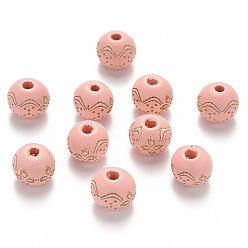 Pink Painted Natural Wood Beads, Laser Engraved Pattern, Round with Flower Pattern, Pink, 10x9mm, Hole: 3mm