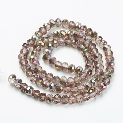 Rosy Brown Electroplate Transparent Glass Beads Strands, Half Rose Gold Plated, Faceted, Rondelle, Rosy Brown, 3x2mm, Hole: 0.8mm, about 150~155pcs/strand, 15~16 inch(38~40cm)