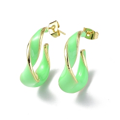 Lawn Green Enamel Twist Stud Earrings, Golden Brass Half Hoop Earrings for Women, Lawn Green, 25x21x9mm, Pin: 0.8mm