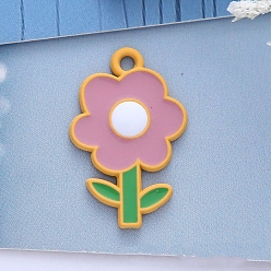 Pale Violet Red Spray Painted Alloy Enamel Pendants, Flower, Pale Violet Red, 24x13mm