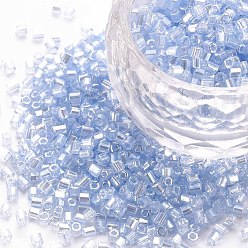 Light Steel Blue Glass Bugle Beads, Transparent Colours Luster, Light Steel Blue, 2.5~3x2mm, Hole: 0.9mm, about 15000pcs/pound