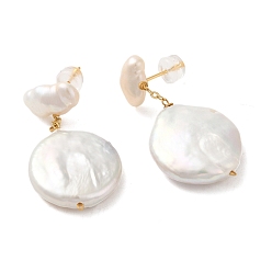 Humo Blanco Aretes de plata de ley, con perla natural, joyas para mujeres, plano y redondo, whitesmoke, 32x17 mm