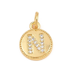 Letter N Breloques en laiton zircon cubique transparent, rond plat avec breloques en forme de lettre, plaqué longue durée, sans plomb et sans cadmium, crémaillère plaquage, réel 18 k plaqué or, lettre n, 12.5x10x1.5mm, Trou: 3mm