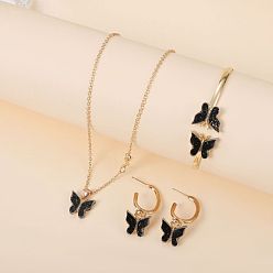 Черный Комплекты из ожерелья с подвеской в виде бабочки из акрила, сережек-гвоздиков и браслетов-манжет для женщин, золотые, чёрные, 480 мм