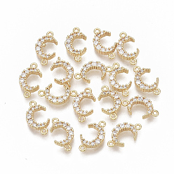 Real 18K Gold Plated Brass Micro Pave Cubic Zirconia Links/Connectors, Nickel Free, Moon, Clear, Real 18K Gold Plated, 13~14x7x2.5mm, Hole: 1mm